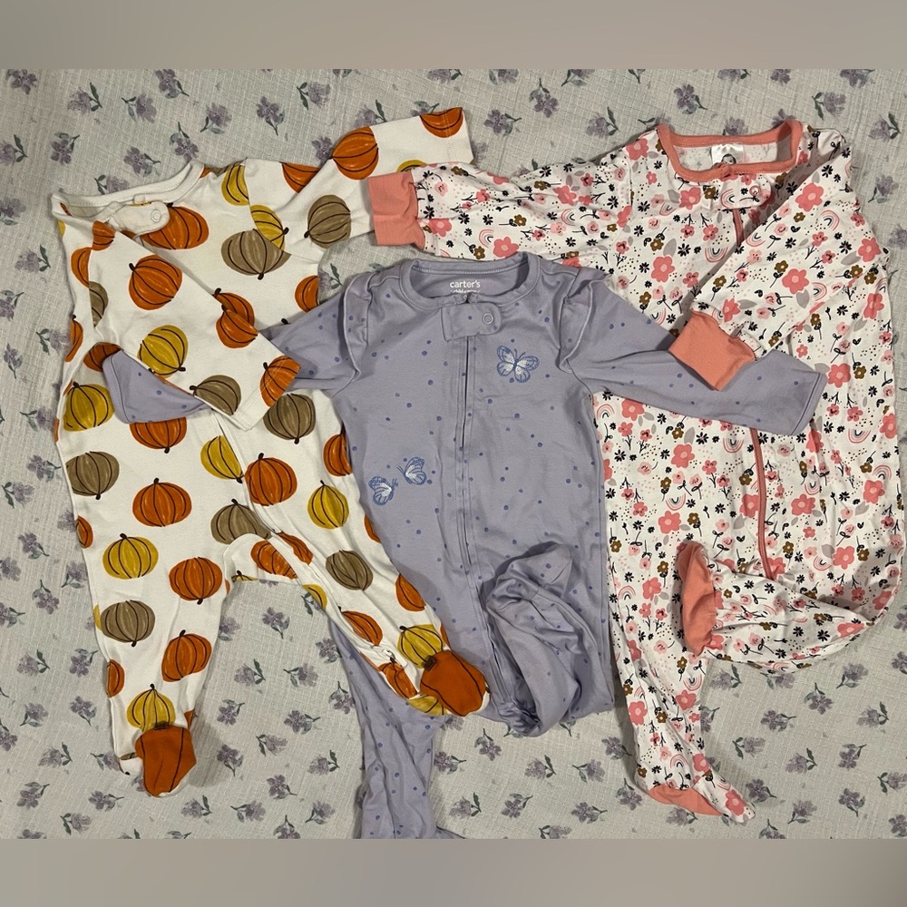 3 Footie PJ’s  Lavender, Pink Floral, Pumpkin 6-9 Months